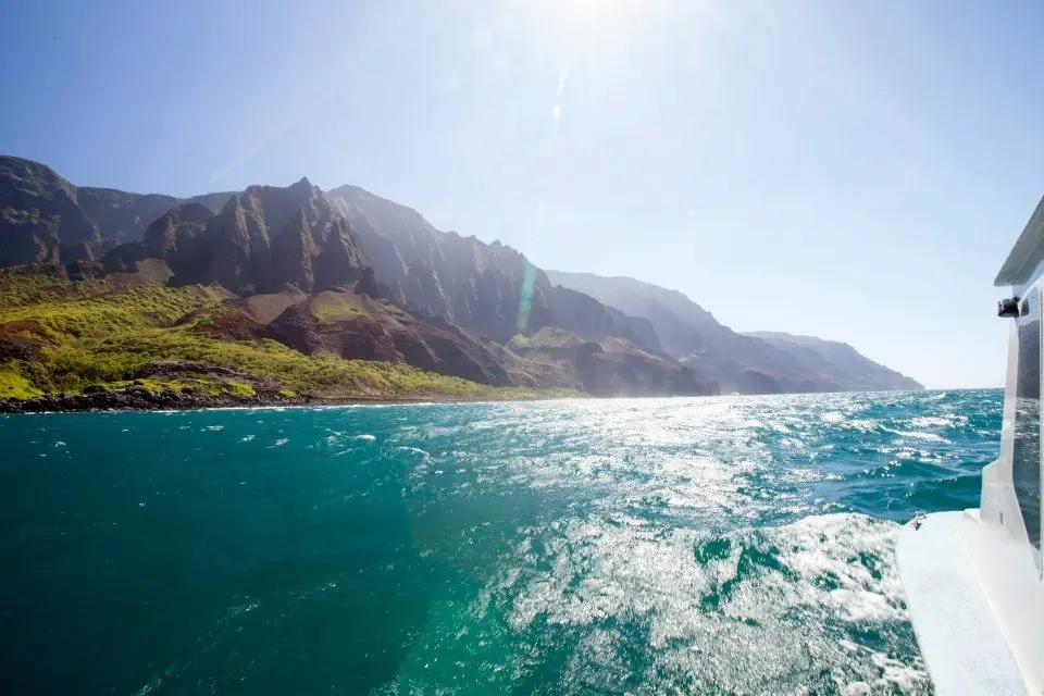 View of the Nā Pali Coast from aboard the tour boat