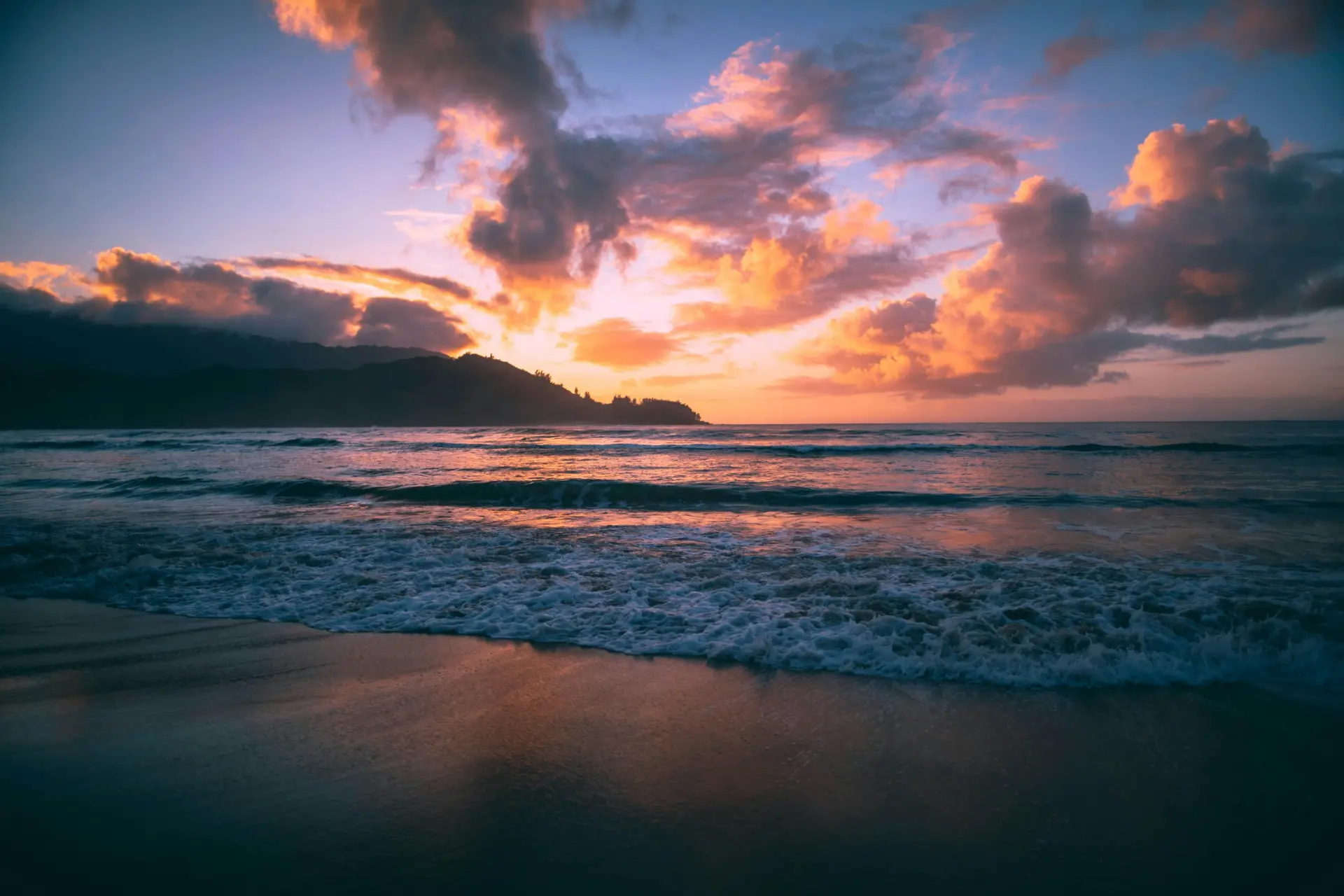 Sunset over Hanalei Bay surf